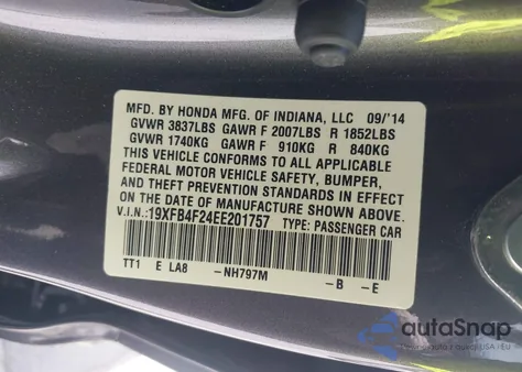 2014 Honda Civic Hybrid from USA, damaged, VIN 19XFB4F24EE201757